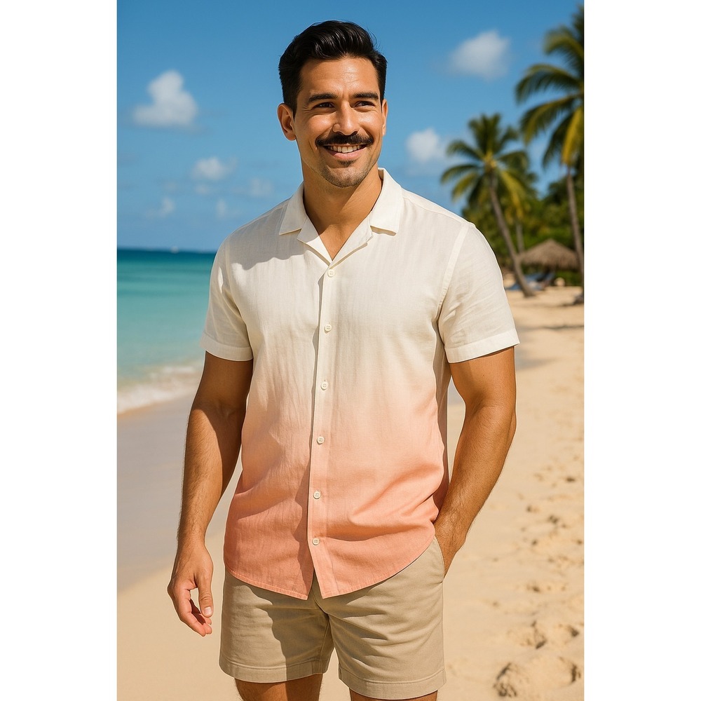 NWT J. Ferrar SLIM fit stretch  M Short Sleeve Button down Linen Blend Coral Dip